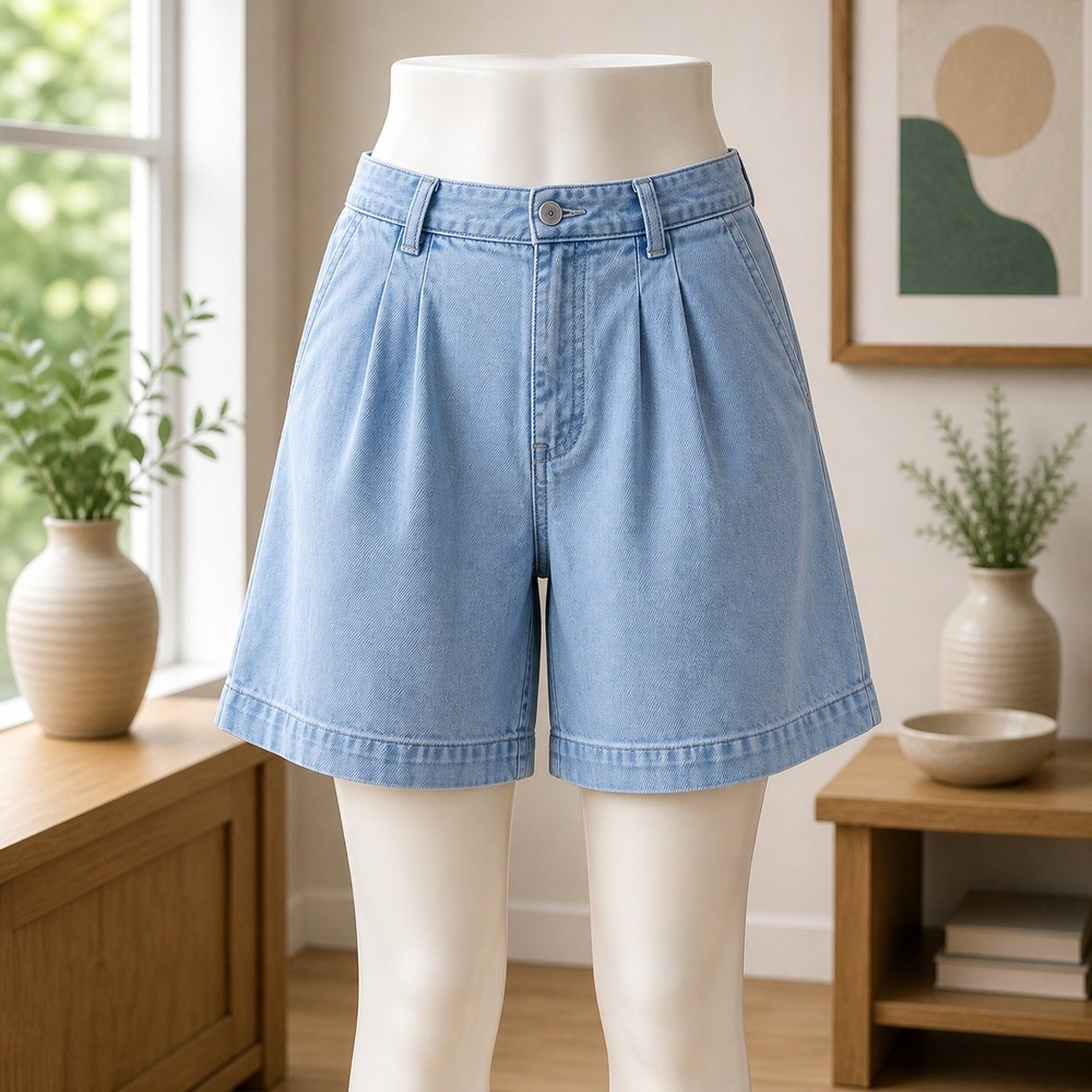 Dockers Khakis Mens Pleated Denim Shorts Light Wash Blue Elastic Waist 30W